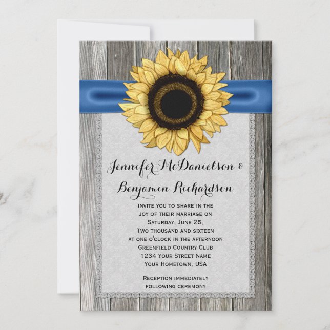 Invitación Cinta azul de la madera de la madera del girasol r (Anverso)