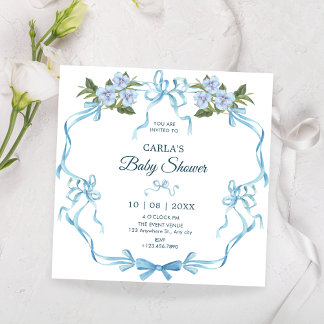 Invitación Cinta azul de lazo de baño de bebé florido