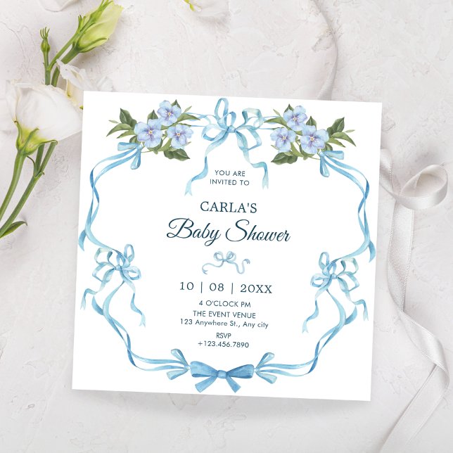 Invitación Cinta azul de lazo de baño de bebé florido (Subido por el creador)