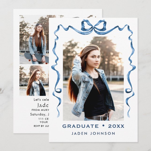 Invitación Cinta azul de vaca de moda 5 fiesta de graduación  (Anverso / Reverso)