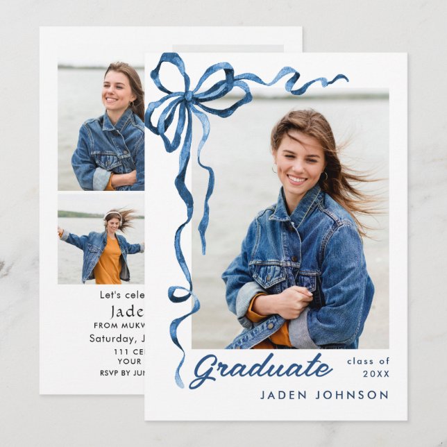 Invitación Cinta azul de vaca de moda 5 fiesta de graduación  (Anverso / Reverso)