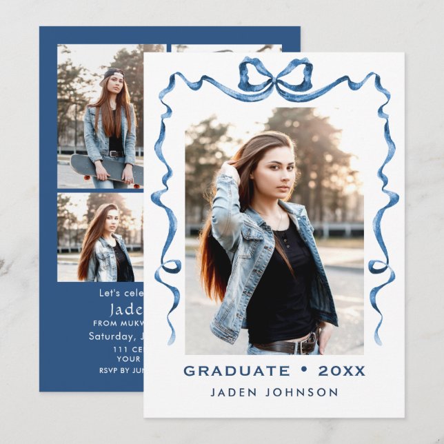 Invitación Cinta azul de vaca de moda 5 fiesta de graduación  (Anverso / Reverso)