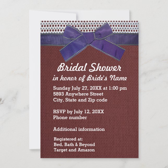 Invitación Cinta azul, encaje, ducha de novia de Burlap rojo (Anverso)