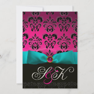 INVITACIÓN CINTA AZUL FUCIA ROSA NEGRO MONOGRAMA DAMASCO