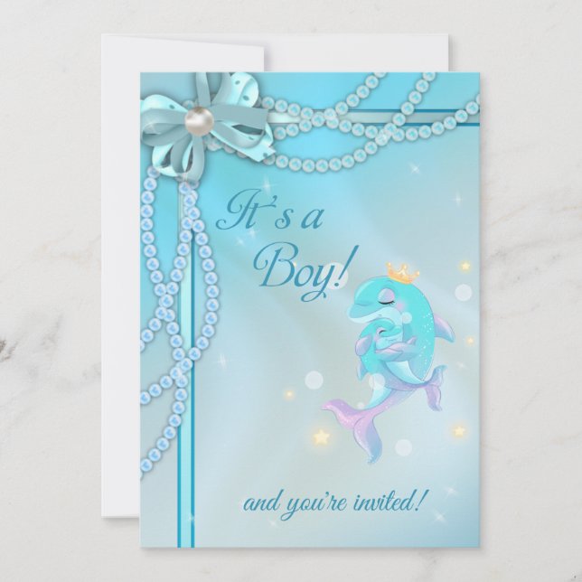 Invitación Cinta azul Lace Pearl Dolphin Boy Baby Shower (Anverso)