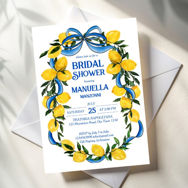 Invitación Cinta azul lemana de lazo ducha de novia (Lemons blue bow ribbon coquette Italian summer bridal shower invitation template instant download)
