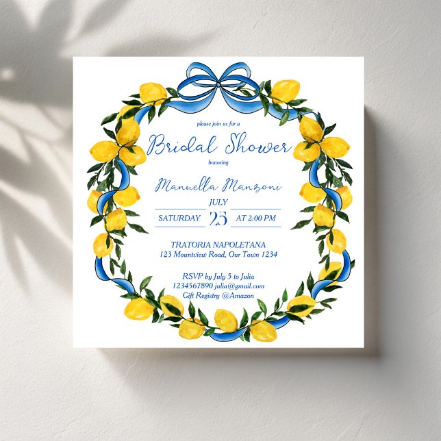 Invitación Cinta azul lemonada de la proa azul ducha de novia (Lemons blue bow ribbon coquette Italian bridal shower Invitation template summer citrus invites)