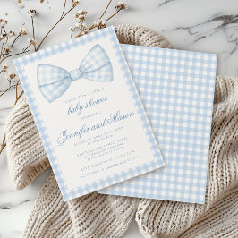 Invitación Cinta azul lindo lazo de la proa gingham para bebé