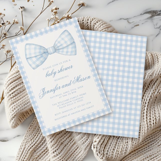 Invitación Cinta azul lindo lazo de la proa gingham para bebé (Subido por el creador)