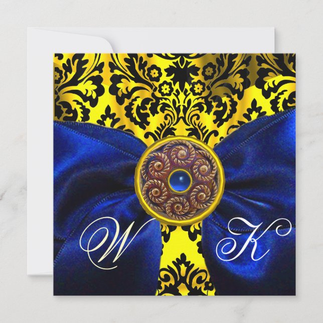 INVITACIÓN CINTA AZUL ORO AMARILLO  NEGRO  DAMASCO MONOGRAMA (Anverso)