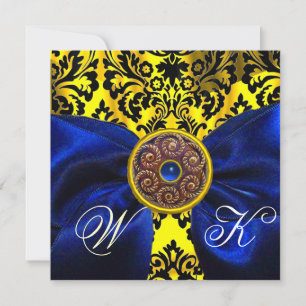 INVITACIÓN CINTA AZUL ORO AMARILLO  NEGRO  DAMASCO MONOGRAMA