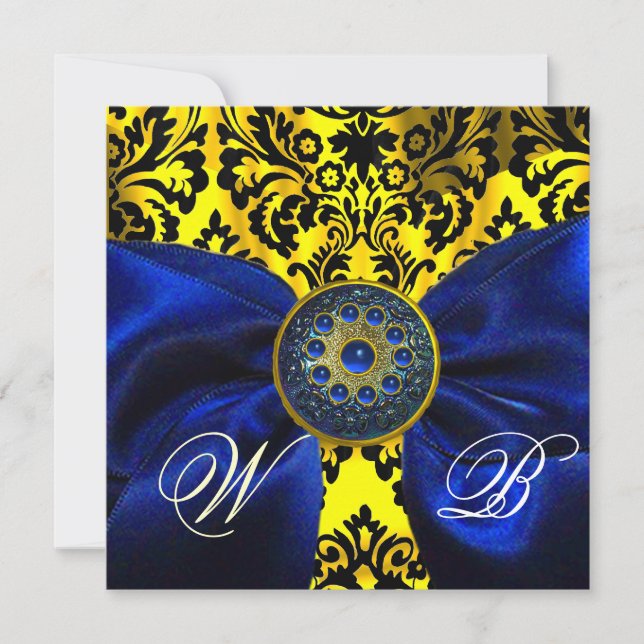 INVITACIÓN CINTA AZUL ORO AMARILLO  NEGRO  DAMASCO MONOGRAMA (Anverso)