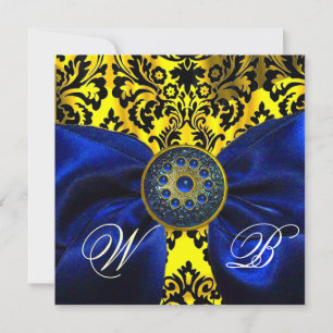 INVITACIÓN CINTA AZUL ORO AMARILLO  NEGRO  DAMASCO MONOGRAMA