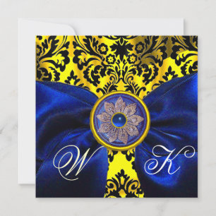 INVITACIÓN CINTA AZUL ORO AMARILLO  NEGRO  DAMASCO MONOGRAMA