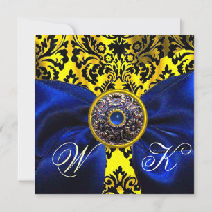 INVITACIÓN CINTA AZUL ORO AMARILLO  NEGRO  DAMASCO MONOGRAMA