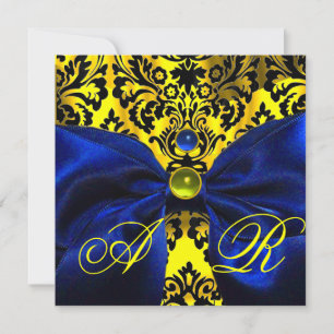 INVITACIÓN CINTA AZUL ORO AMARILLO  NEGRO  MONOGRAMA DAMASCO