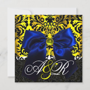 INVITACIÓN CINTA AZUL ORO AMARILLO  NEGRO  MONOGRAMA DAMASCO