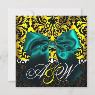 INVITACIÓN CINTA AZUL ORO AMARILLO  NEGRO  MONOGRAMA DAMASCO