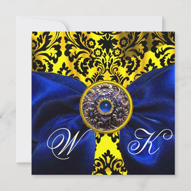 INVITACIÓN CINTA AZUL ORO AMARILLO  NEGRO  MONOGRAMA DE DAMAS (Anverso)