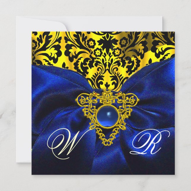 INVITACIÓN CINTA AZUL ORO CORAZÓN CÉLTICO DAMASCO MONOGRAMA (Anverso)