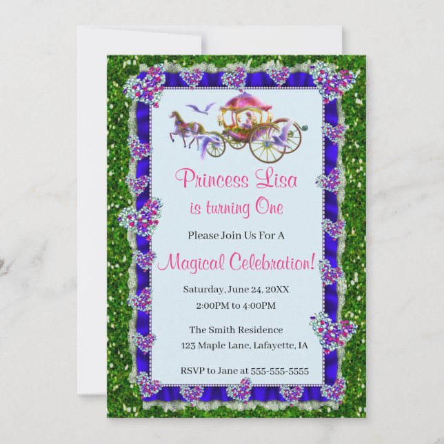 Invitación Cinta azul Purpurina verde Princesa Real Cumpleaño (Anverso)