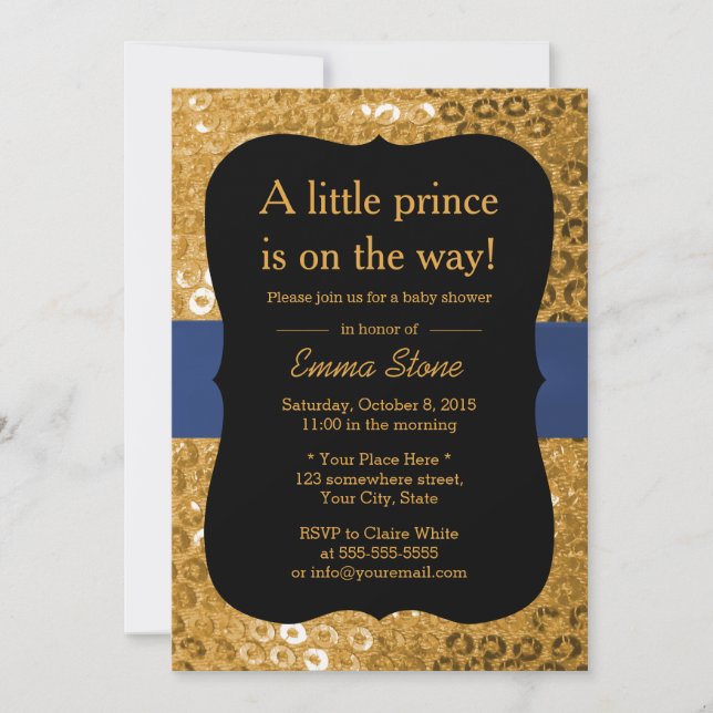 Invitación Cinta azul real Baby Shower negro y dorado (Anverso)