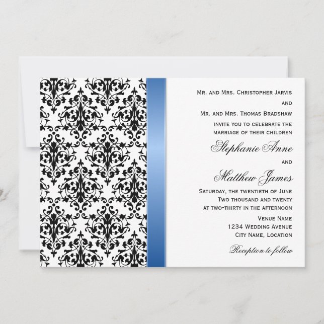 Invitación Cinta azul real impresa y matrimonio Damasco (Anverso)