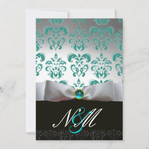 INVITACIÓN CINTA AZUL TURQUESA BLANCA MONOGRAMA DE DAMASCO N