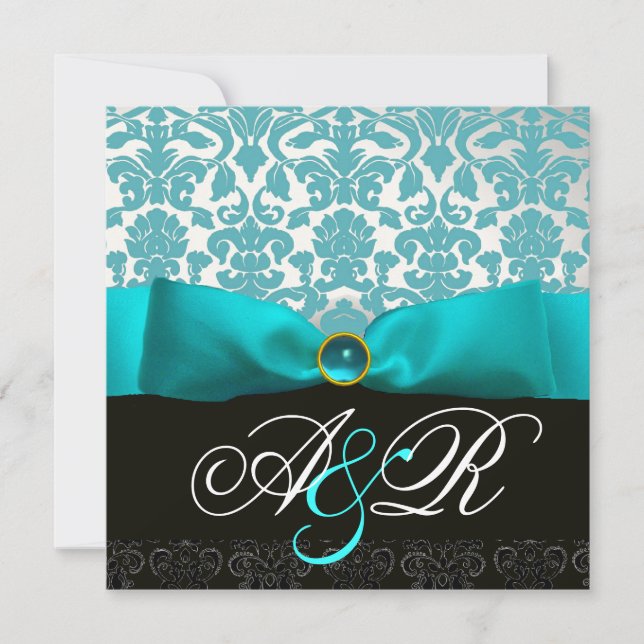 INVITACIÓN CINTA AZUL TURQUESA BLANCO NEGRO  DAMASCO MONOGRAM (Anverso)