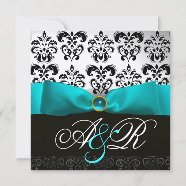 INVITACIÓN CINTA AZUL TURQUESA BLANCO NEGRO  DAMASCO MONOGRAM (Anverso)