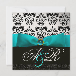 INVITACIÓN CINTA AZUL TURQUESA BLANCO NEGRO  DAMASCO MONOGRAM