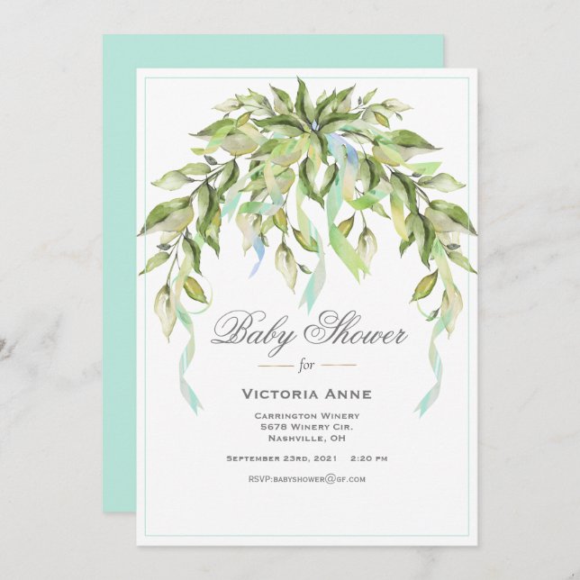 Invitación Cinta azul verde elegante Baby Shower (Anverso / Reverso)