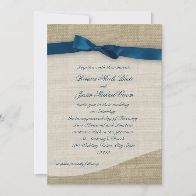 Invitación Cinta azul y Boda Burlap (Anverso)