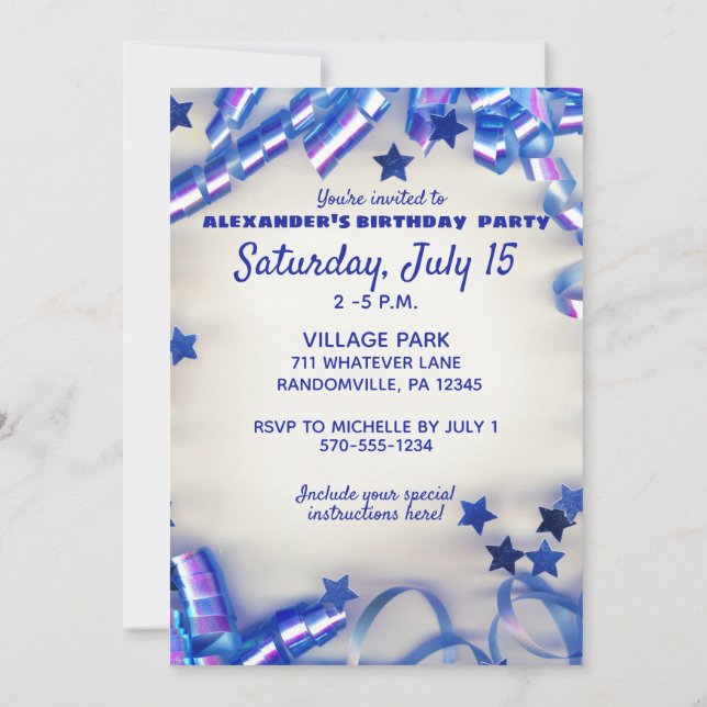 Invitación Cinta azul y Confetti de estrellas 11ª fiesta de c (Reverso)