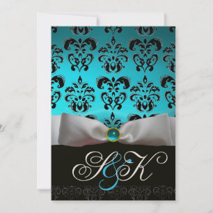 INVITACIÓN CINTA BLANCA AQUA AZUL NEGRO DAMASCO MONOGRAMA