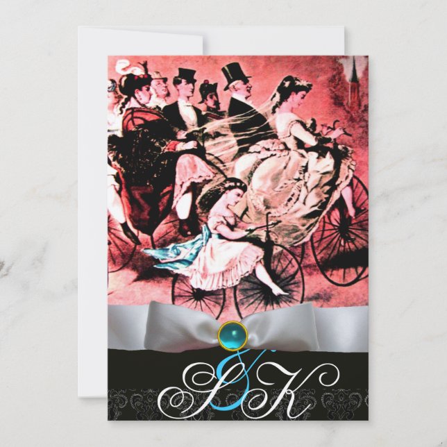 INVITACIÓN CINTA BLANCA AQUA AZUL NEGRO DAMASCO MONOGRAMA (Anverso)