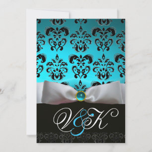 INVITACIÓN CINTA BLANCA AQUA AZUL NEGRO DAMASCO MONOGRAMA
