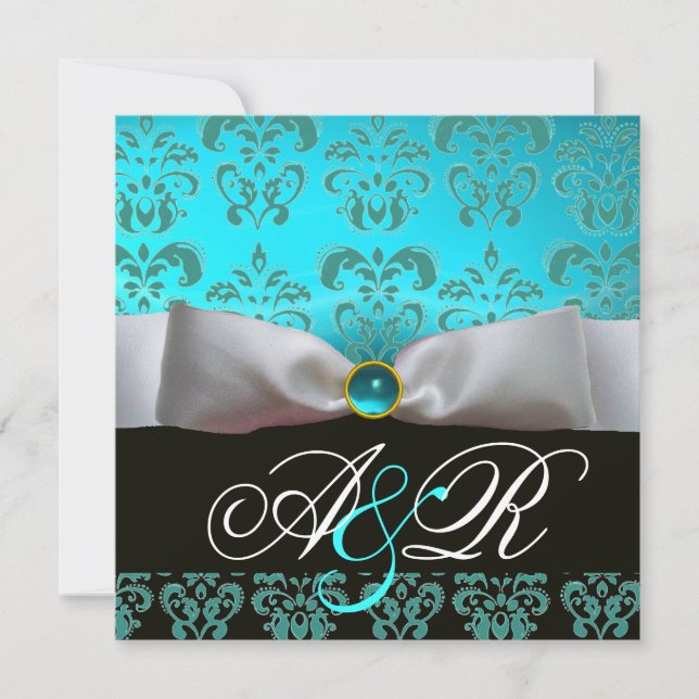 INVITACIÓN CINTA BLANCA AZUL TURQUESA NEGRO  DAMASCO MONOGRAM (Anverso)