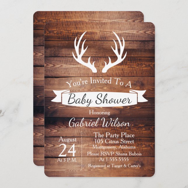 Invitación Cinta blanca Baby Shower de las astas de madera (Anverso / Reverso)