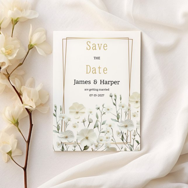 Invitación Cinta blanca dorada delicada floral Guardar la fec (Gold white mint delicate floral Save the Date )