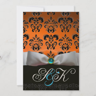 INVITACIÓN CINTA BLANCA NARANJA AZUL NEGRO DAMASCO MONOGRAMA