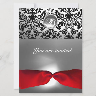 INVITACIÓN CINTA BLANCA NEGRA ROJA DAMASCO MONOGRAMA PIEDRA P