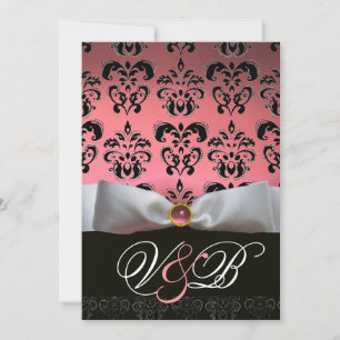 INVITACIÓN CINTA BLANCA ROSA  DAMASCO NEGRO MONOGRAMA