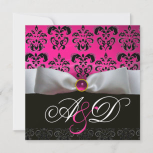 INVITACIÓN CINTA BLANCA ROSA MORADO NEGRO  DAMASCO MONOGRAMA