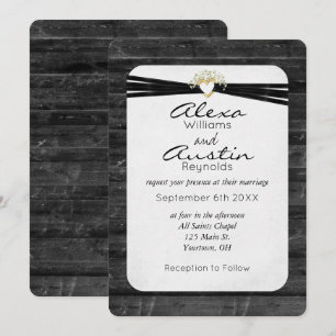 Invitación Cinta Boda negra y corazón en la madera