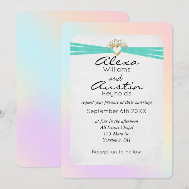 Invitación Cinta Boda turquesa en el corazón dorado (Anverso / Reverso)