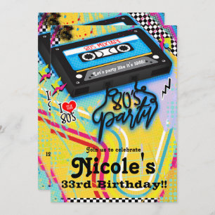 Invitación Cinta Cassette 80's Theme Party de cumpleaños de l