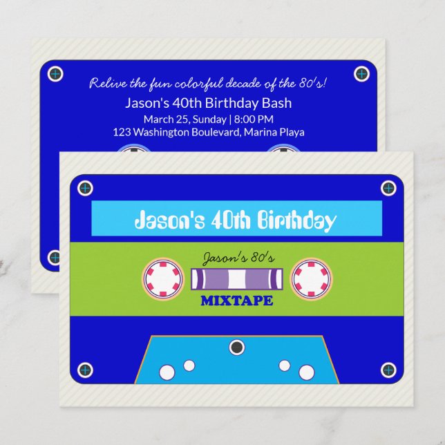 Invitación Cinta cassette de cumpleaños de 80 (Anverso / Reverso)