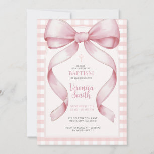 Invitación Cinta Chica bautismo collar de perla rosada
