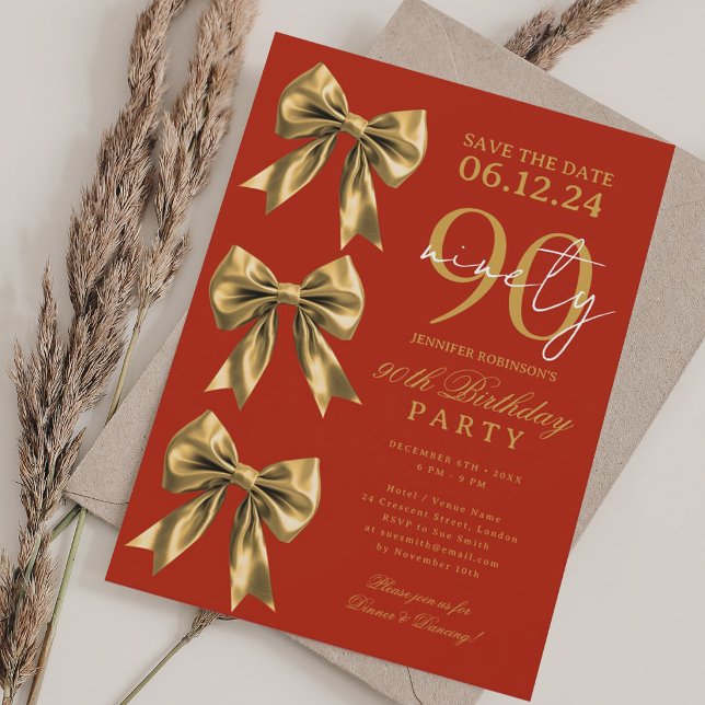 Invitación Cinta Coqueta Dorada Guardar Fecha Cumpleaños 90  (Gold Coquette Bow Save Date 90th Birthday Red Invitation)